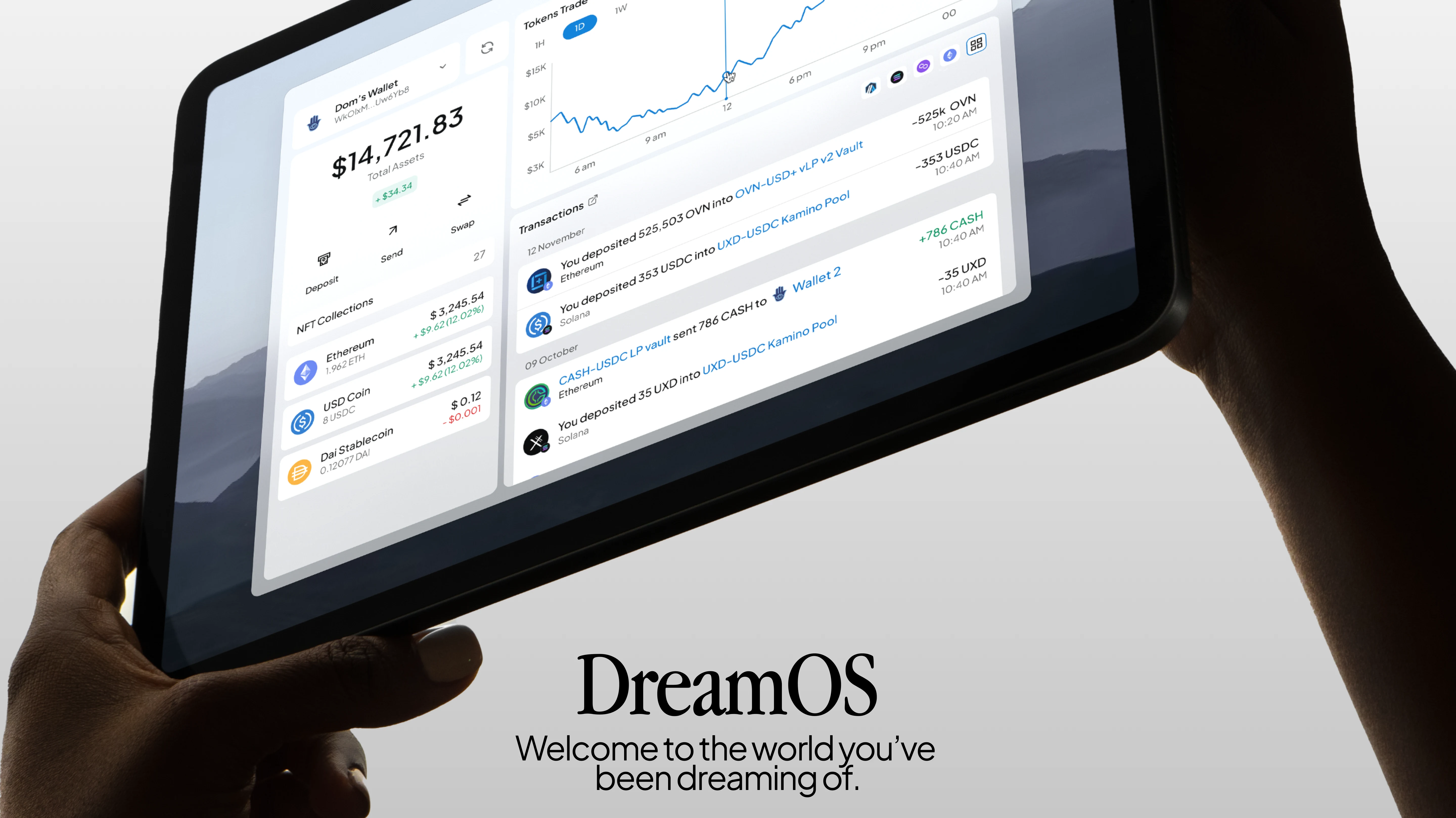 DreamOS portfolio dashboard displayed on a tablet