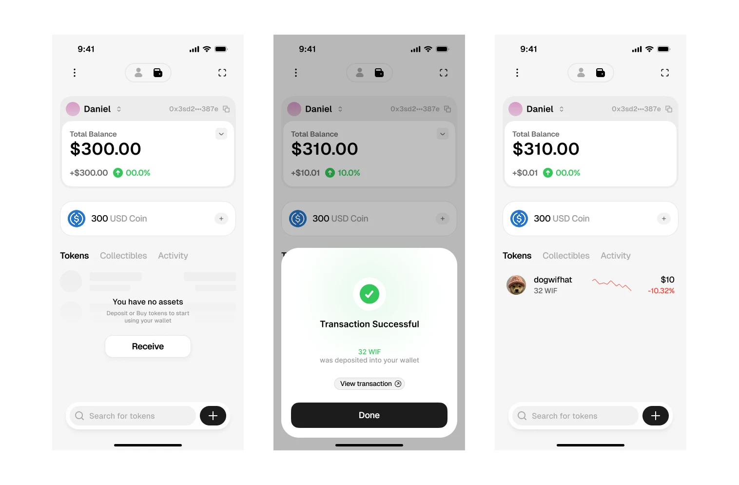 Dream mobile wallet flow showing a successful token transaction