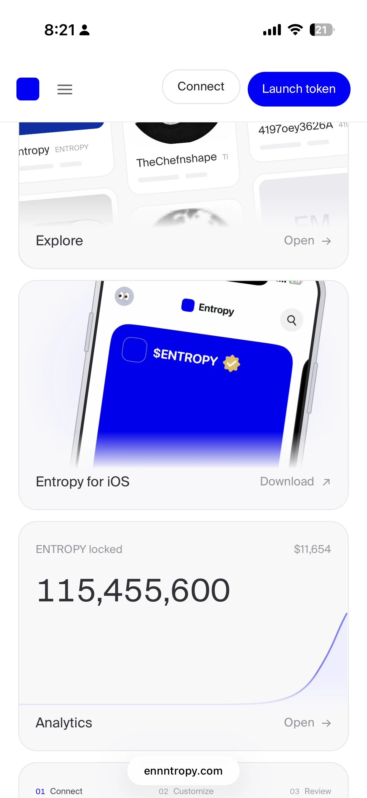 Entropy iOS home screen with discovery and analytics cards