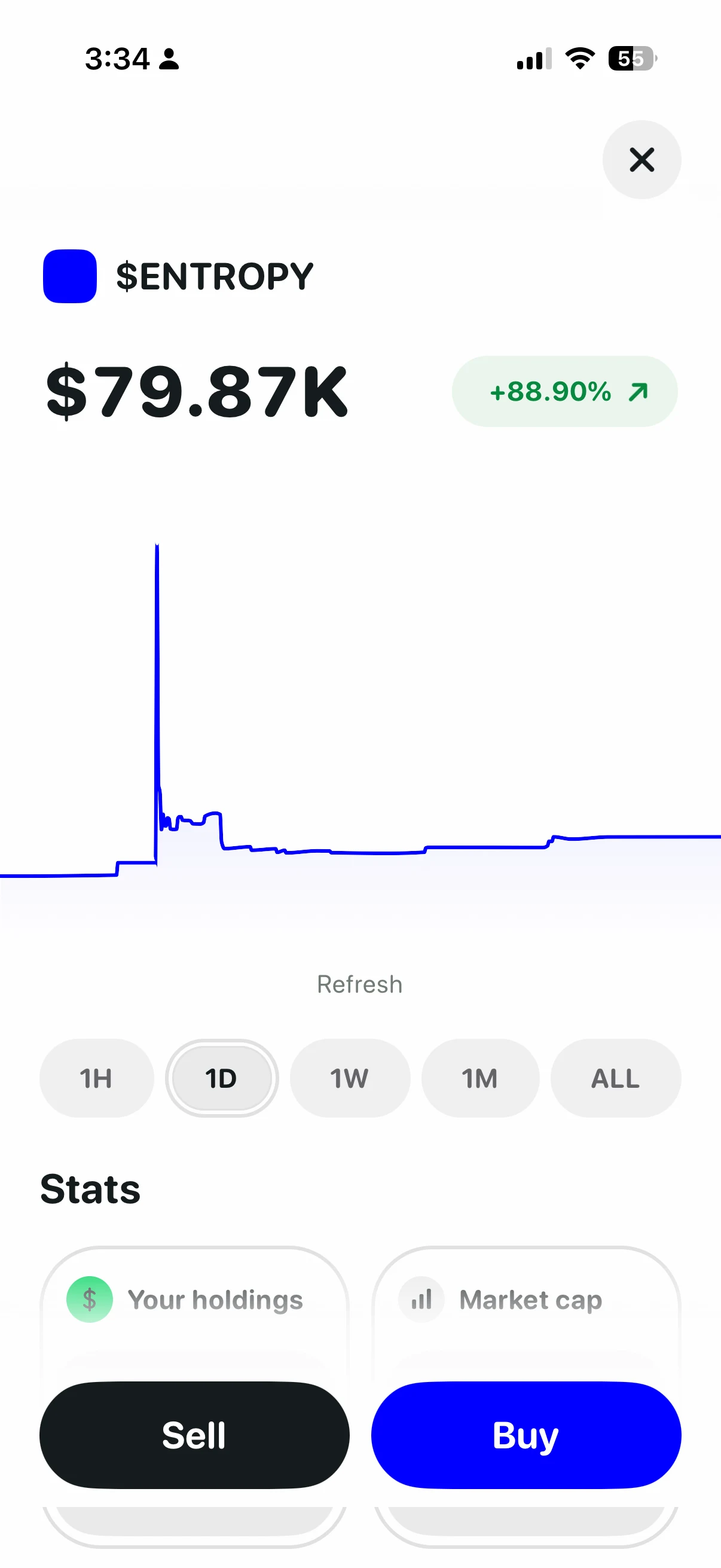 Entropy market screen showing token performance and trading controls