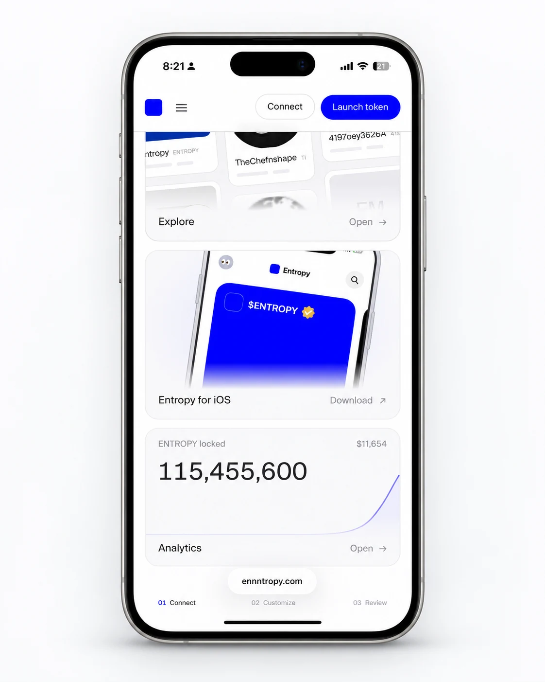 Entropy iOS product home shown inside an iPhone mockup