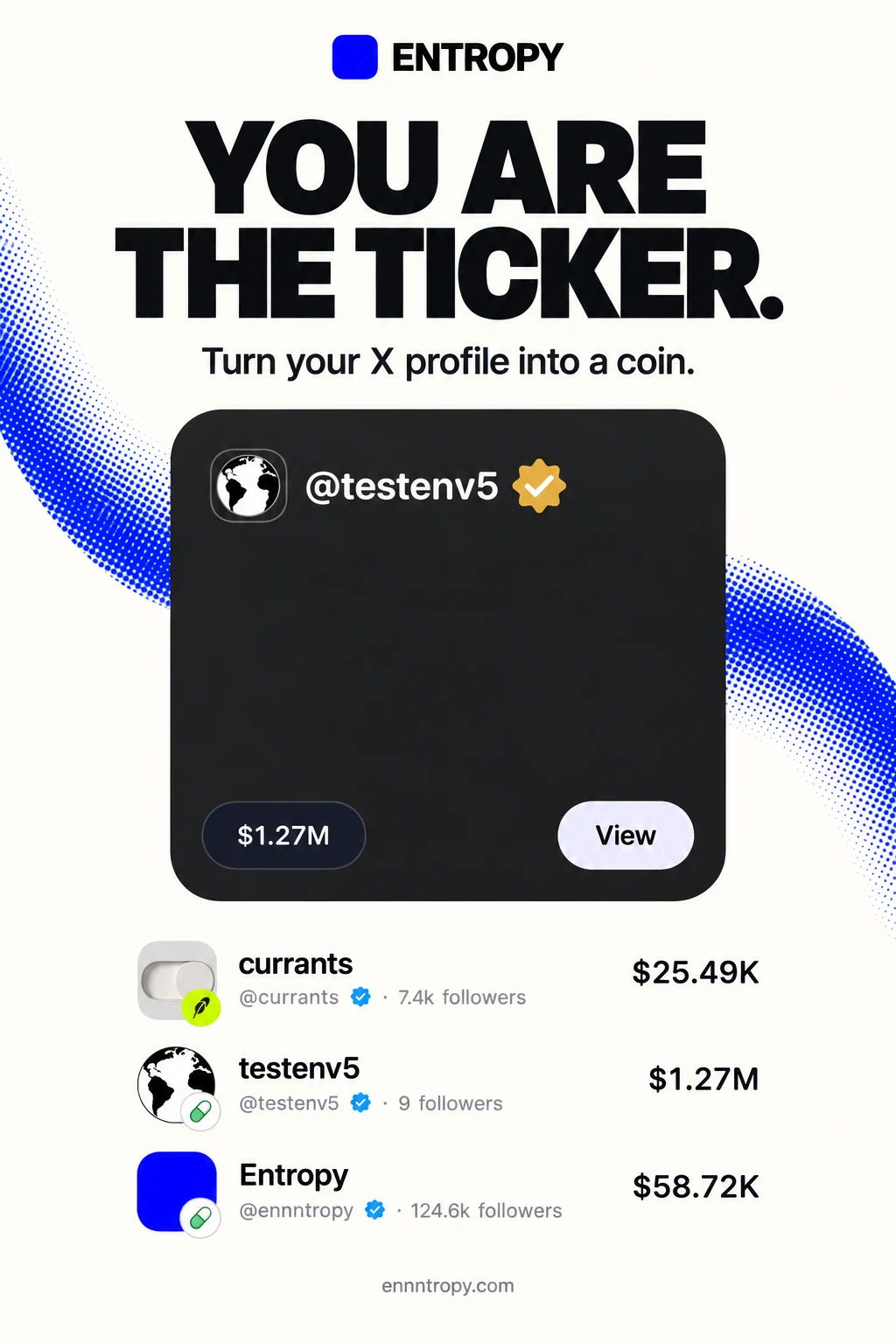 Entropy campaign showing creator profiles as tradable tickers