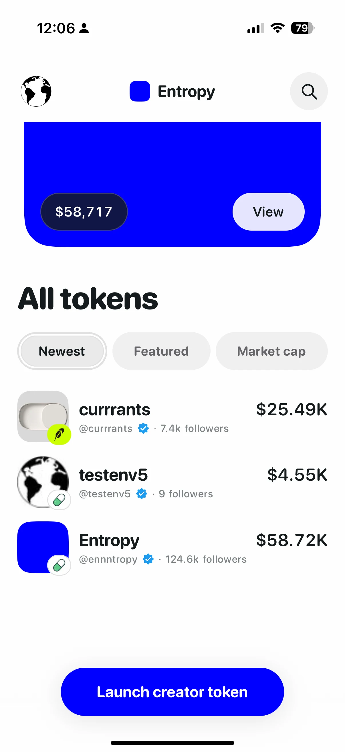 Entropy token index with creator tokens and market values