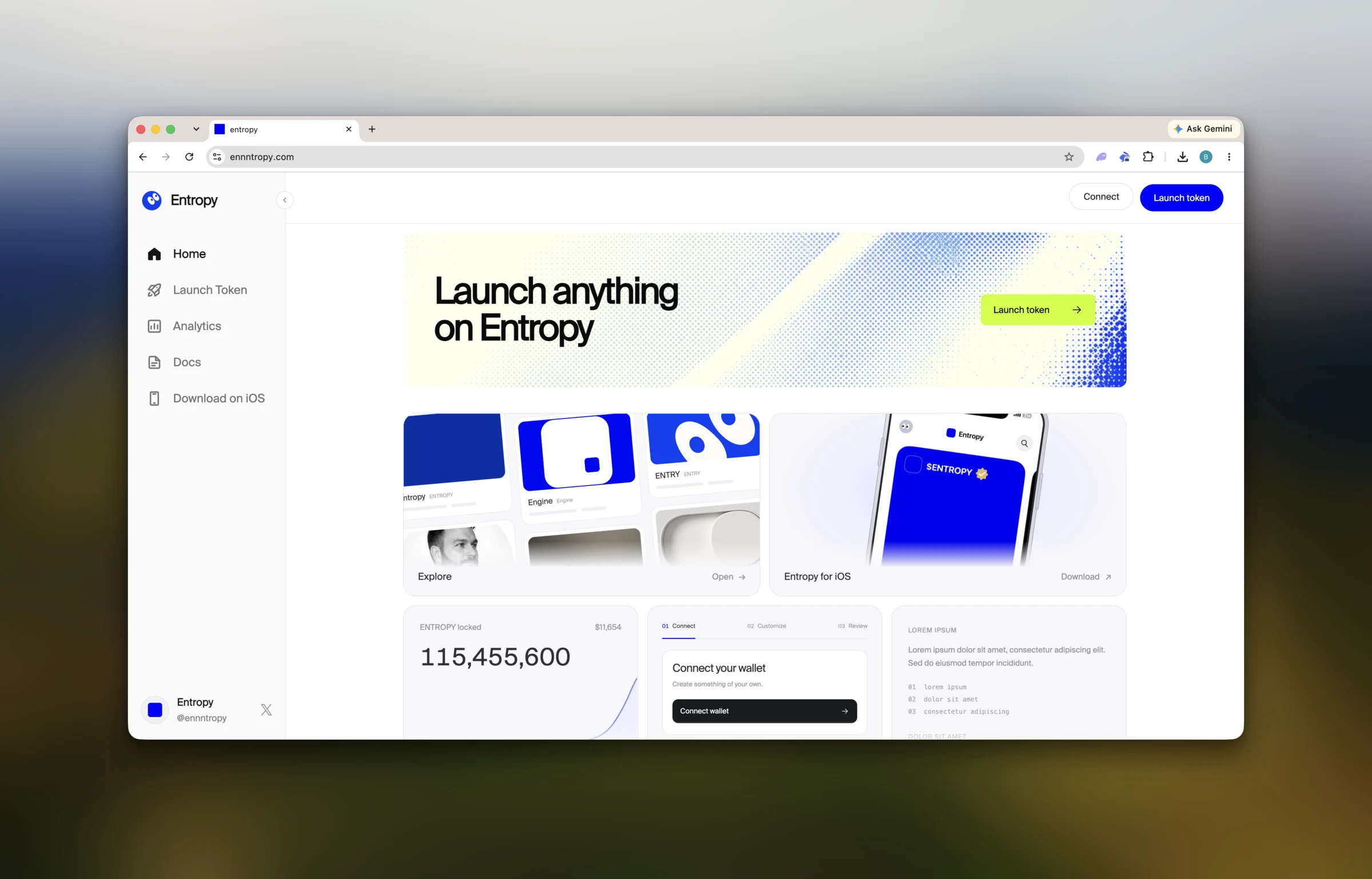 Entropy desktop launchpad showing token creation, analytics, and the iOS app