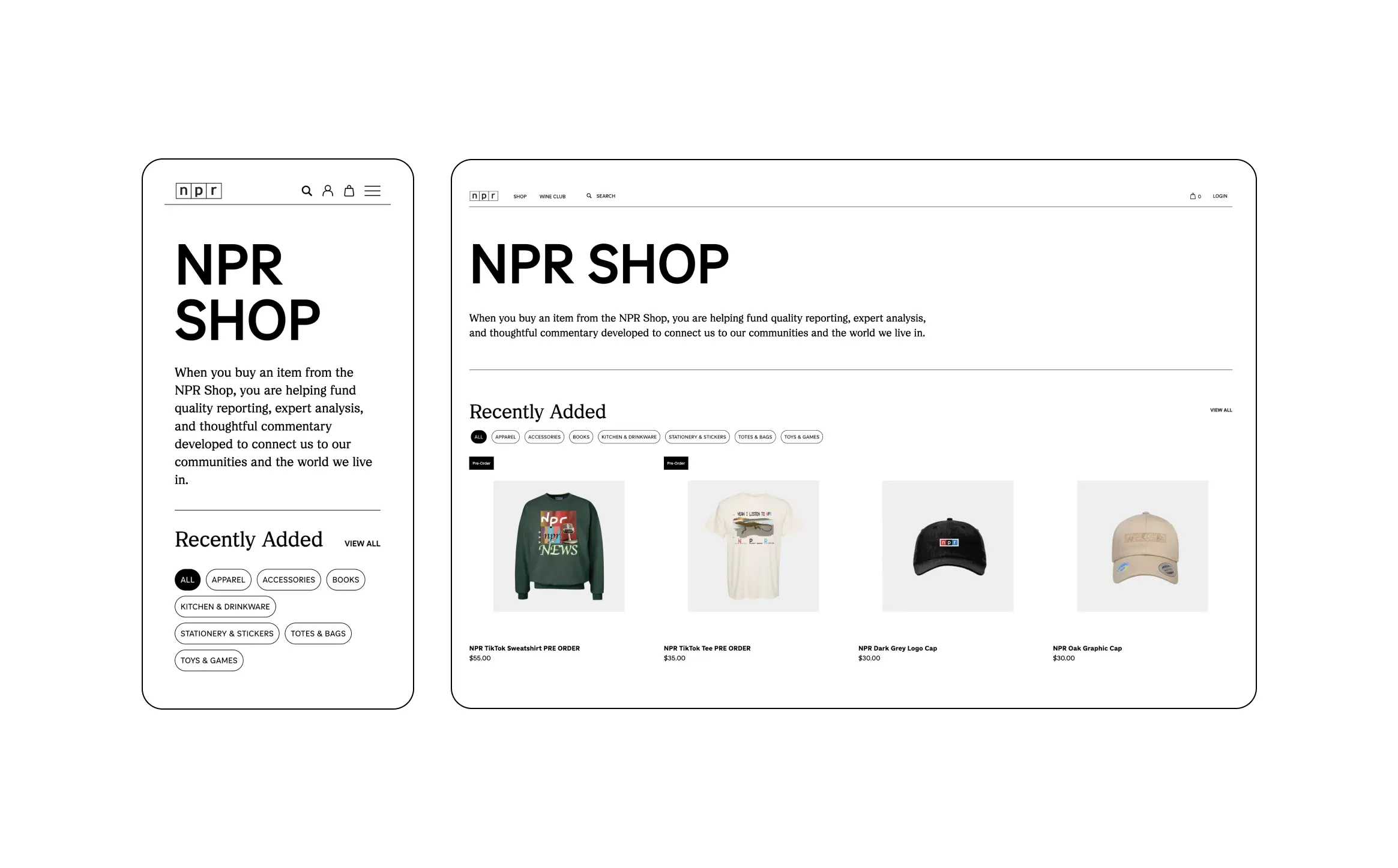 NPR Shop storefront shown across mobile and desktop layouts