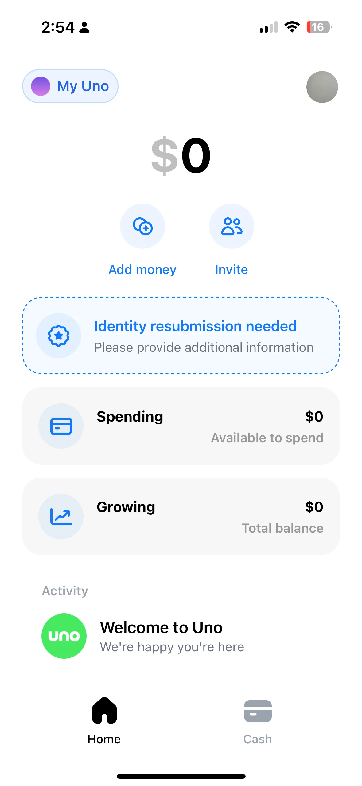 Uno account overview showing spending, growing, and recent activity