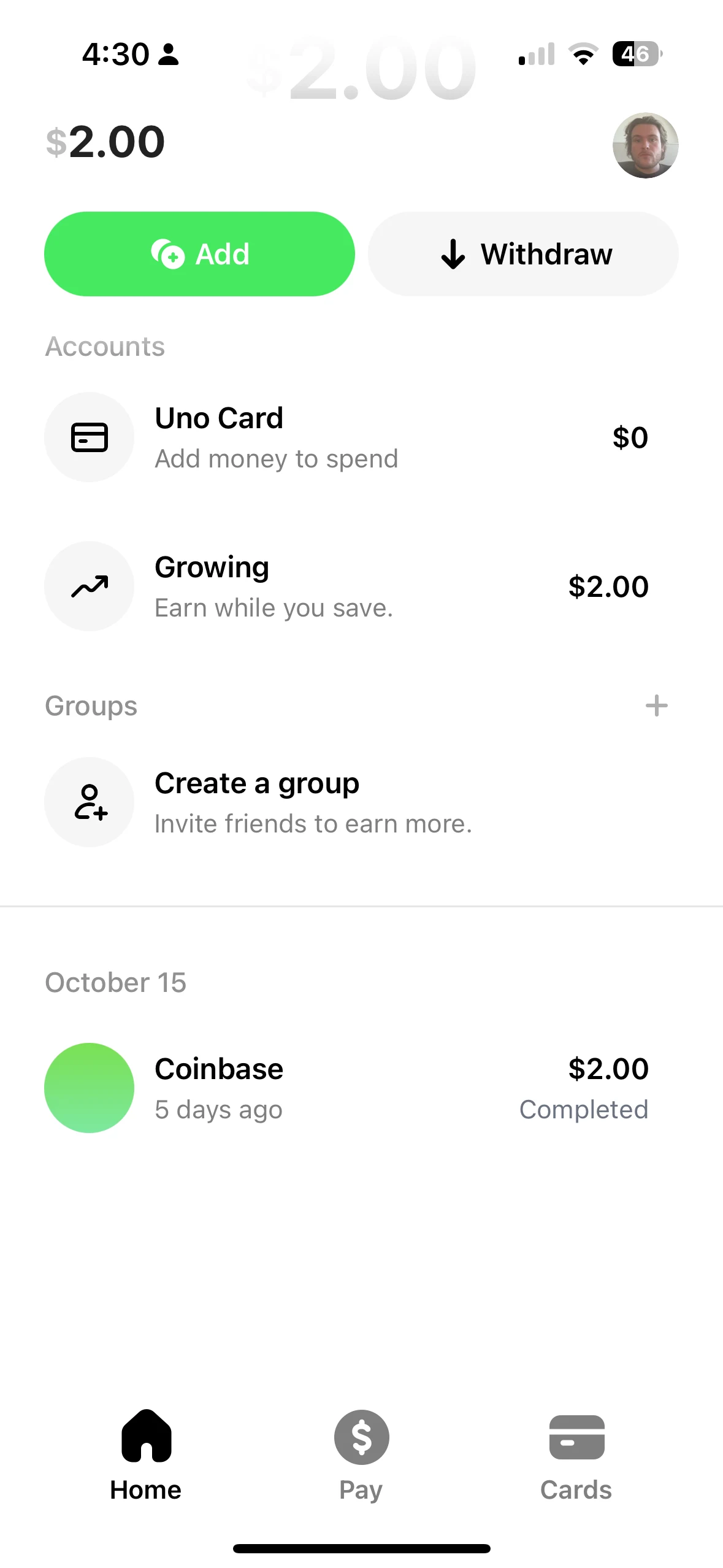 Uno home screen showing accounts, groups, and a completed deposit