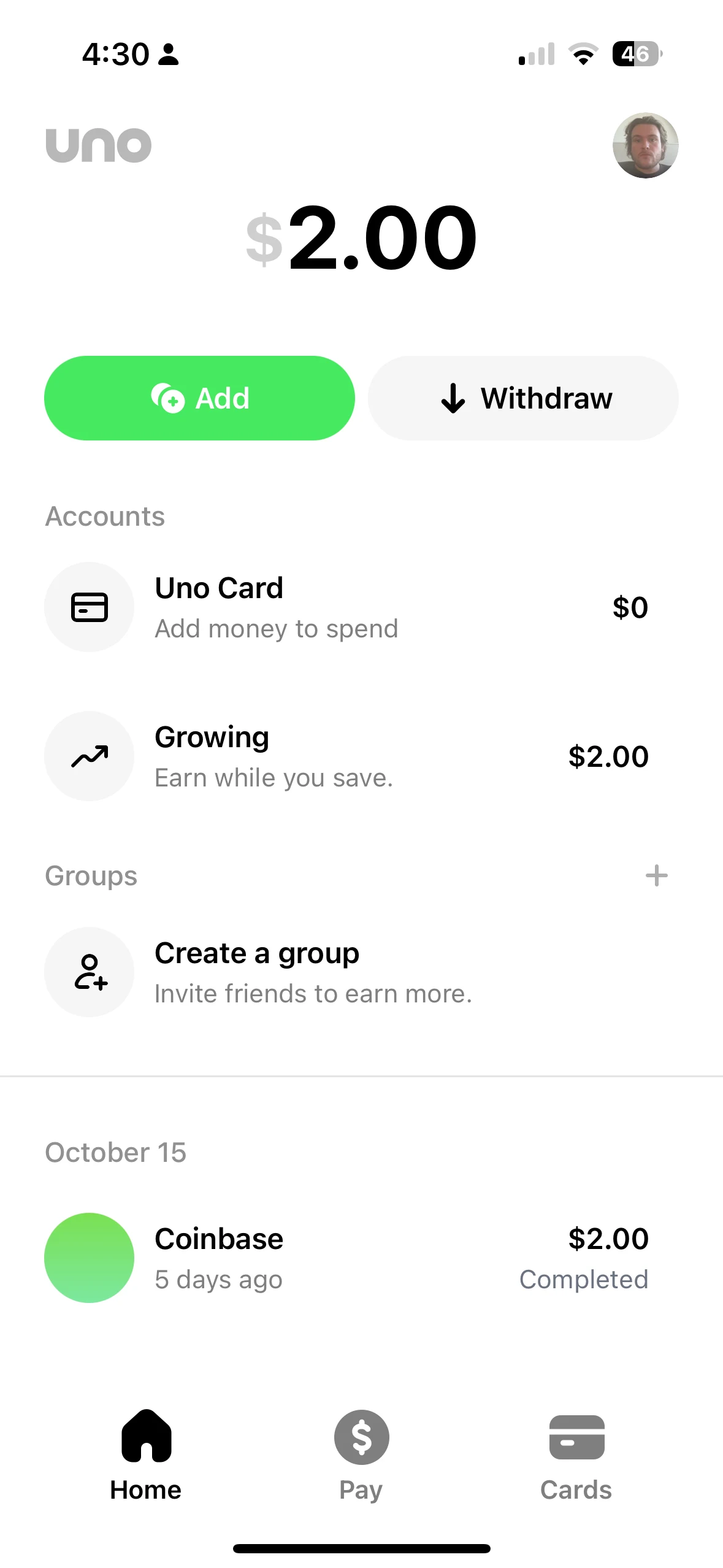 Uno home screen with account balances and group controls