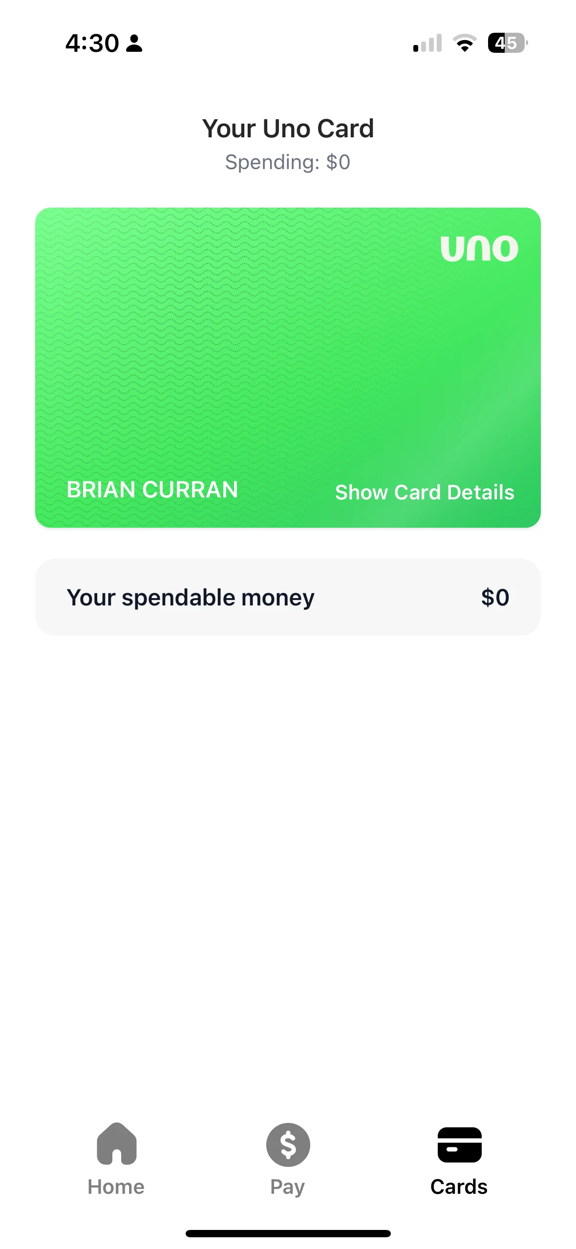 Uno card screen showing a green virtual card